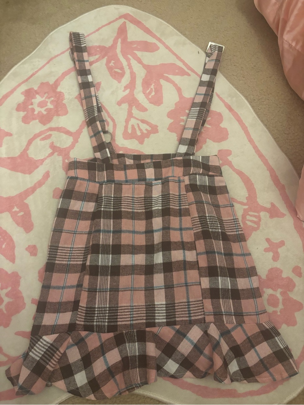 Pink Brown Plaid Suspender Mini Skirt